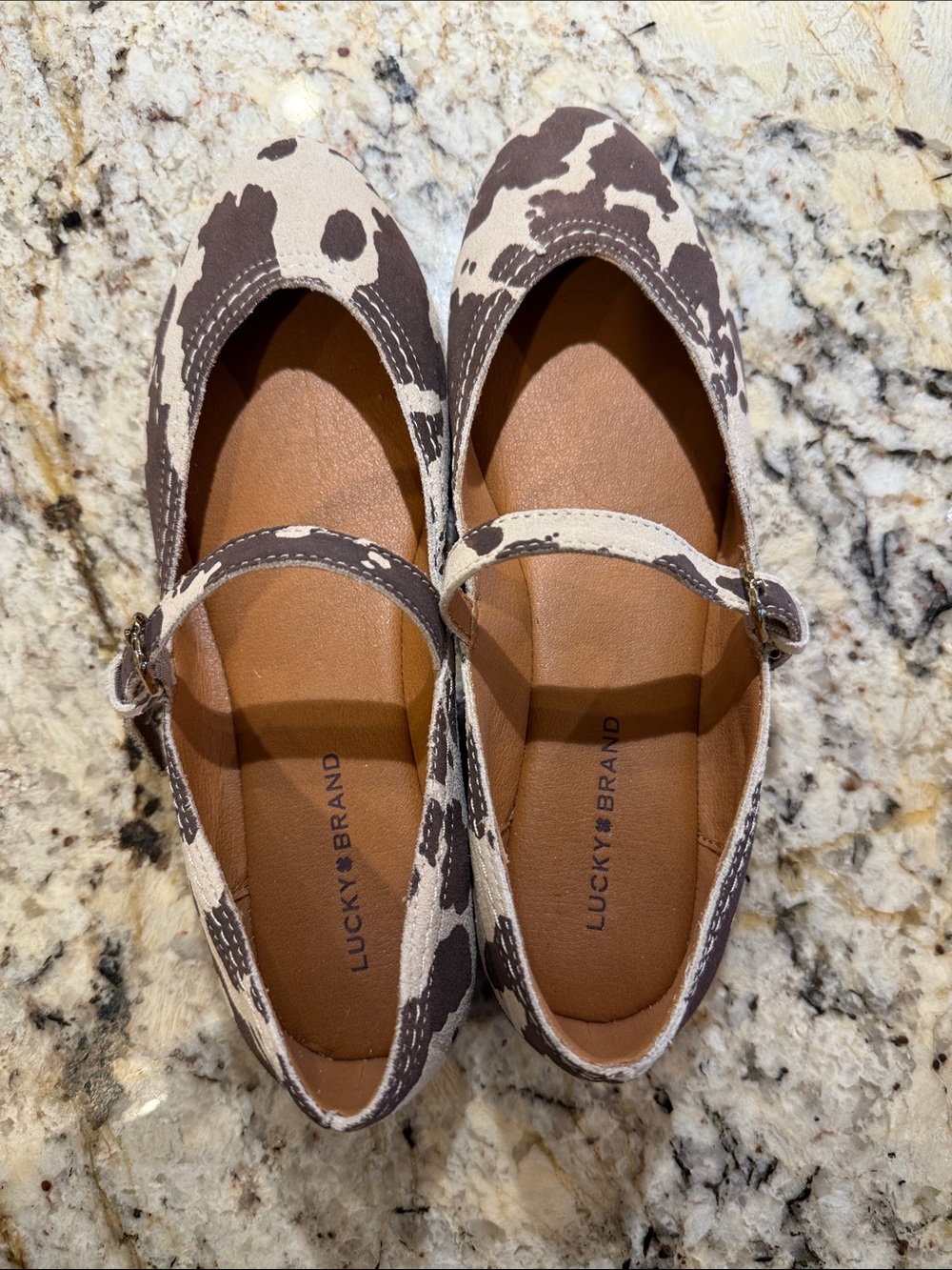 Lucky Brand Brown & Cream Cowhide Mary Jane Flats